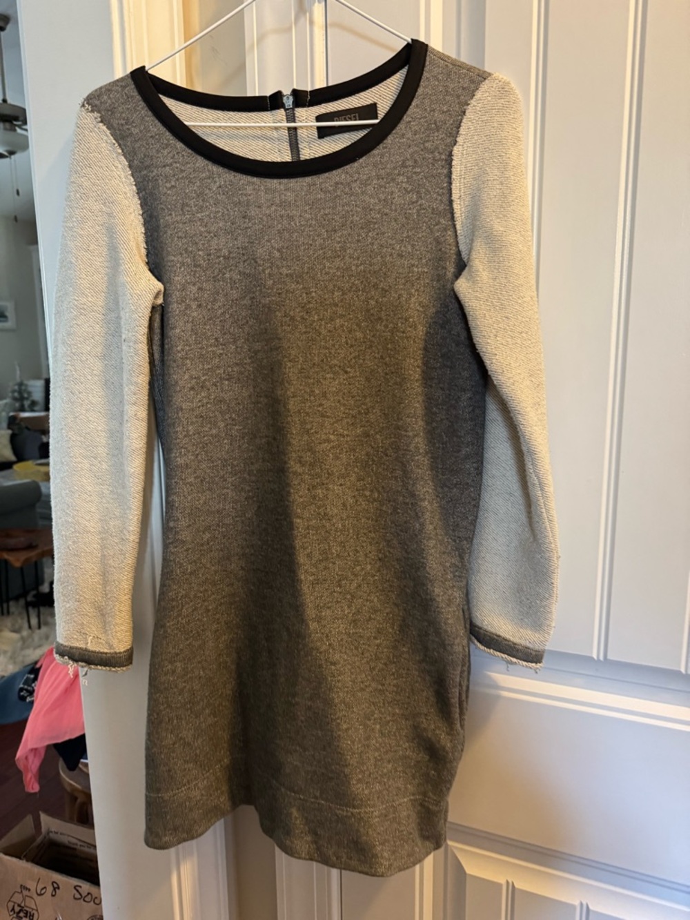 Diesel Gray and Cream Knit mini  Dress with pockets. Has run near cuff